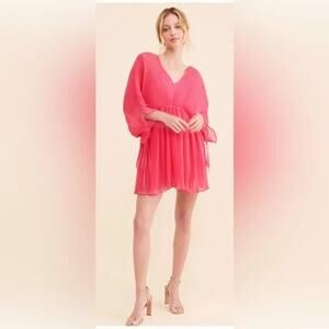 Anthropologie Let Me Be Chiffon Plunge Mini Dress Hot Pink M Fan Plisse Sleeve
